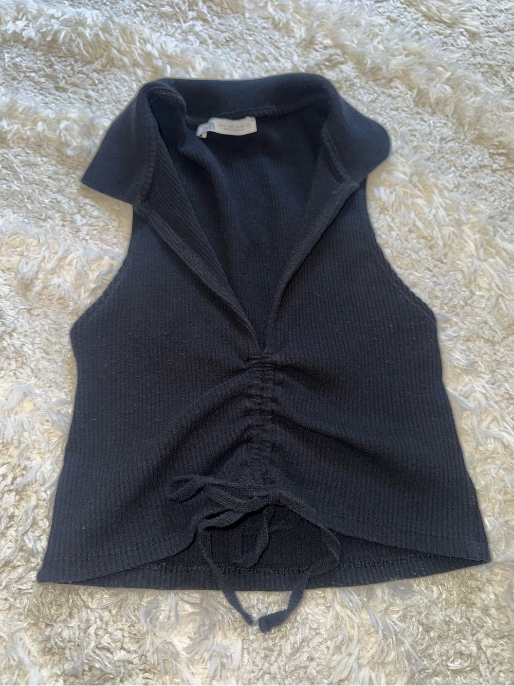 Zara Black Sleeveless Collared Ruched Knit Tank